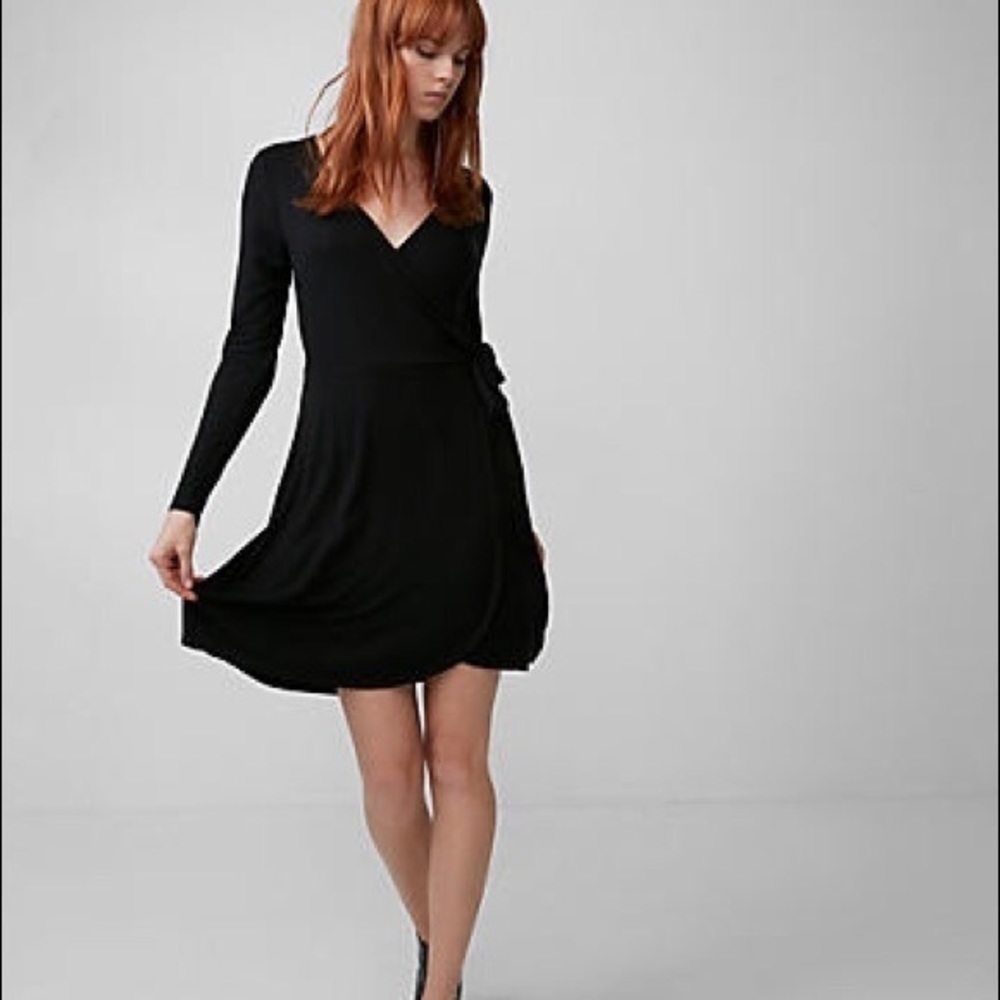 Express Black Faux Wrap V Neck Above Knee Dress